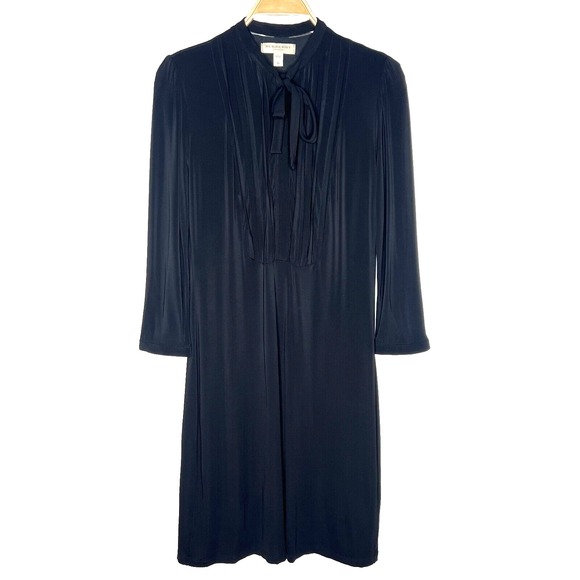Burberry Black Midi Dress Button Neck Tie Size Medium Lined - Picture 1 of 13